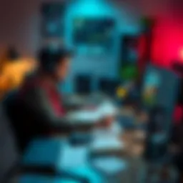 A focused solo developer sits at a desk with a computer, sketching game concepts and coding in Godot, surrounded by notes and design materials.