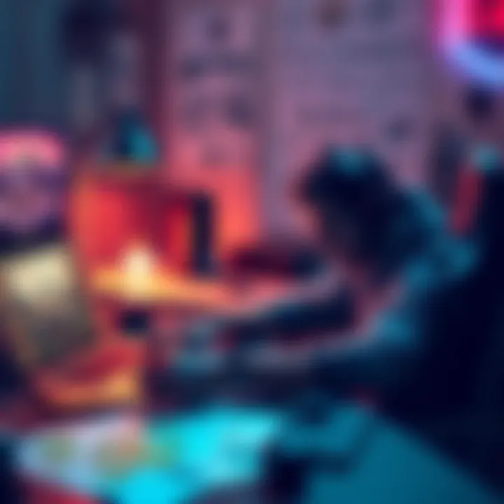 A solo game developer at a desk, creating plans and sketches for a role-playing game on a laptop and paper.