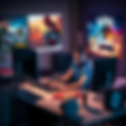 A solo game developer sitting at a desk with a computer, focused on reviewing video games, surrounded by gaming posters and snacks, showing their passion for gaming.