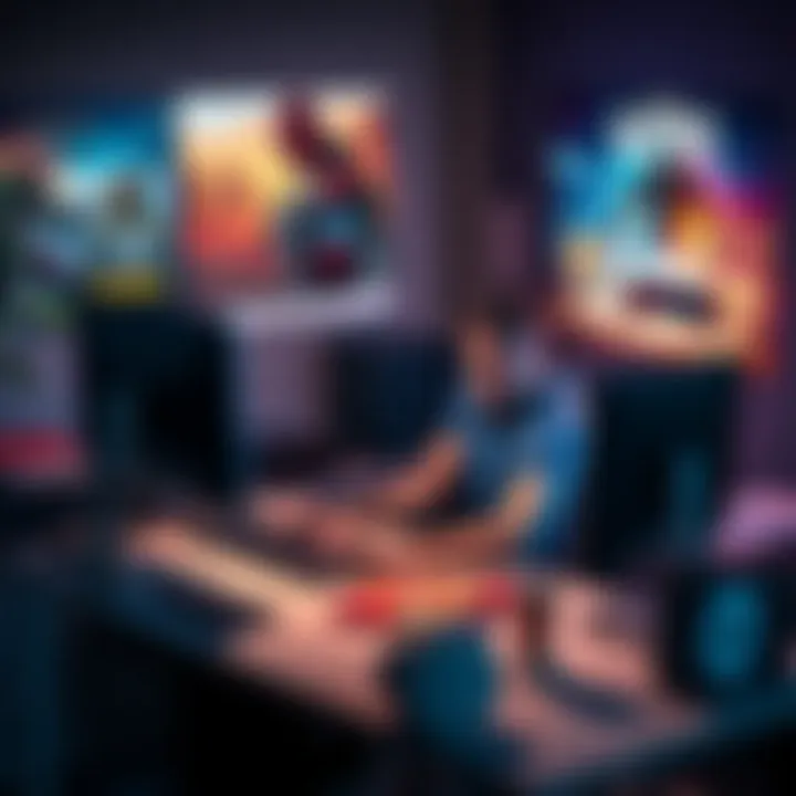 A solo game developer sitting at a desk with a computer, focused on reviewing video games, surrounded by gaming posters and snacks, showing their passion for gaming.