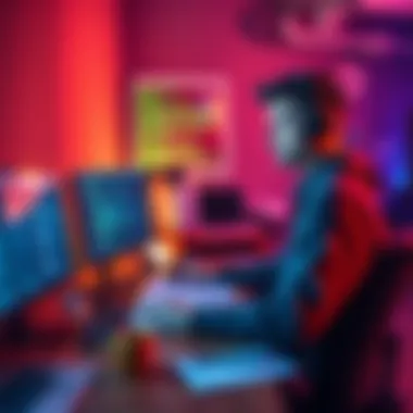 A solo developer juggling coding, marketing, and social media tasks at a desk with a computer and notes.
