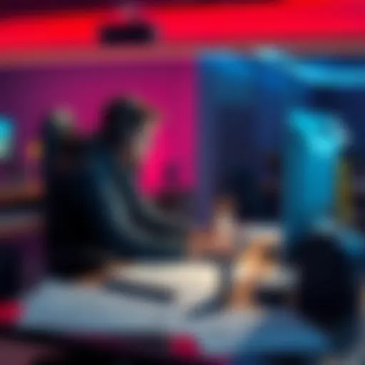 A lone game developer working on a computer with game design sketches around, symbolizing the challenges of solo MMORPG development.