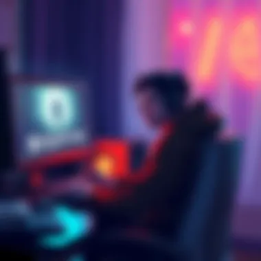 A solo game developer at their computer, promoting the horror game Mygohome on social media and forums, looking thoughtful about marketing challenges.