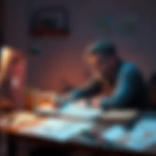 A solo developer at a desk surrounded by sketches and notes for a tactical RPG, focusing on game mechanics and features.