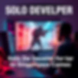 A lone game developer works on a computer, showcasing a scene from a military lab with an AI combat unit concept art on the screen.