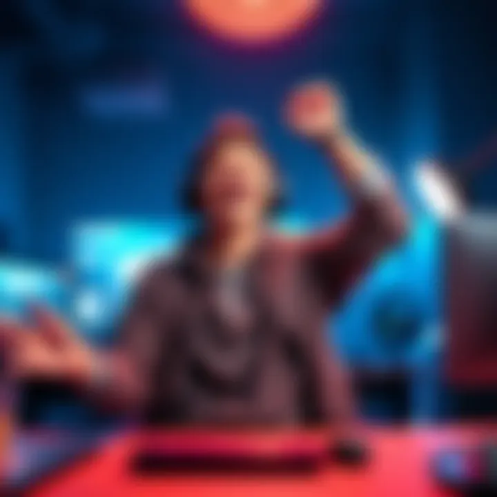 A solo developer joyfully celebrating their achievement with a gaming setup in the background.