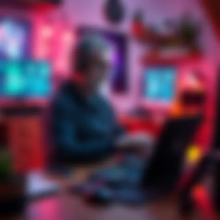 A middle-aged solo developer coding on a laptop in a cozy workspace