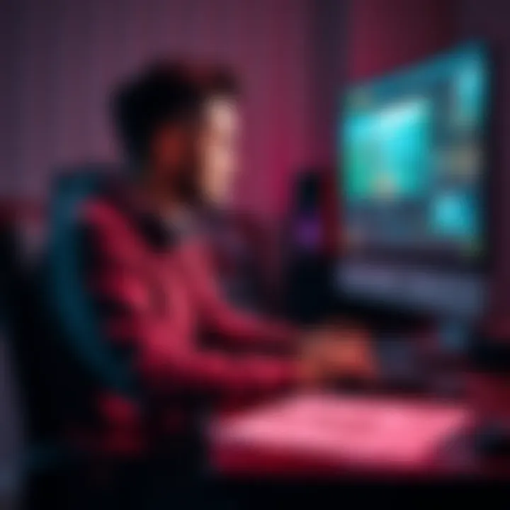 A solo game developer sitting at a desk, looking stressed while coding on a computer, with game graphics on the screen and sketches scattered around.