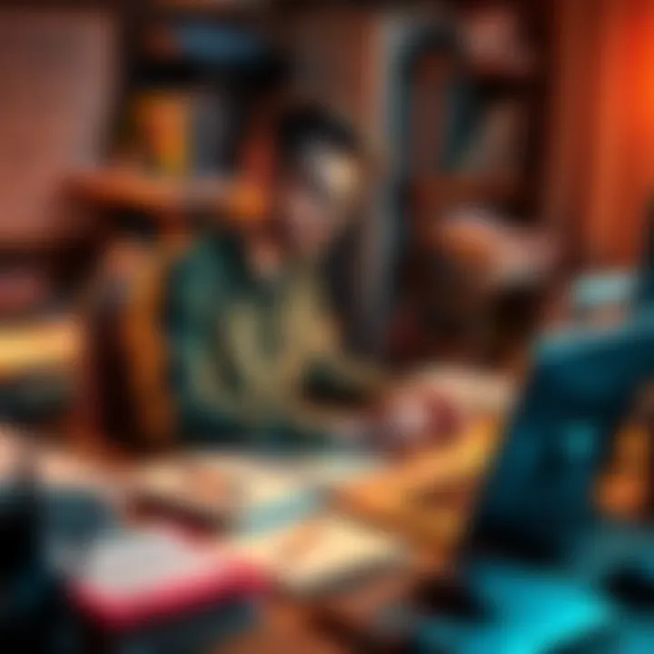 A solo developer focused on coding at a cluttered desk, surrounded by notebooks and a laptop, conveying dedication and motivation.