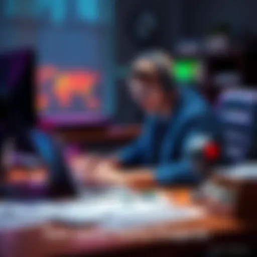 A solo game developer working on a small project at a desk with a laptop and sketches of game ideas around them