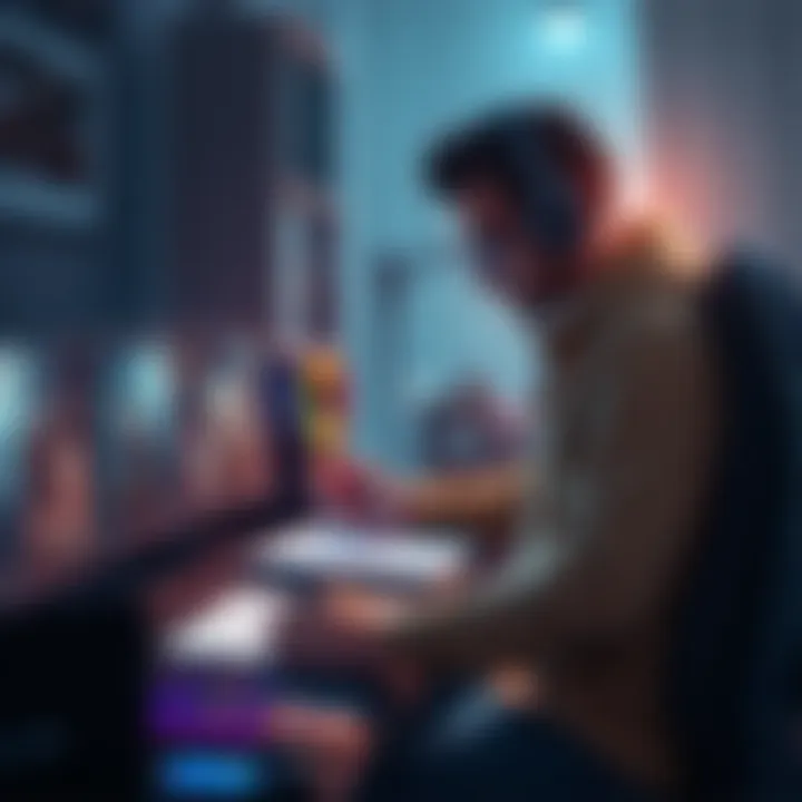 A game developer focused on crafting a story-driven RPG, sitting at a desk with a computer, sketching character designs and writing code.