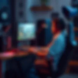 A solo game developer sitting at a desk, focused on coding and game design, surrounded by art and music equipment, representing the solo dev concept in game development.