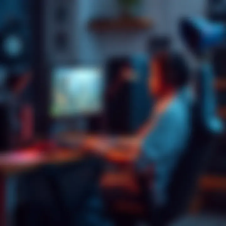 A solo game developer sitting at a desk, focused on coding and game design, surrounded by art and music equipment, representing the solo dev concept in game development.