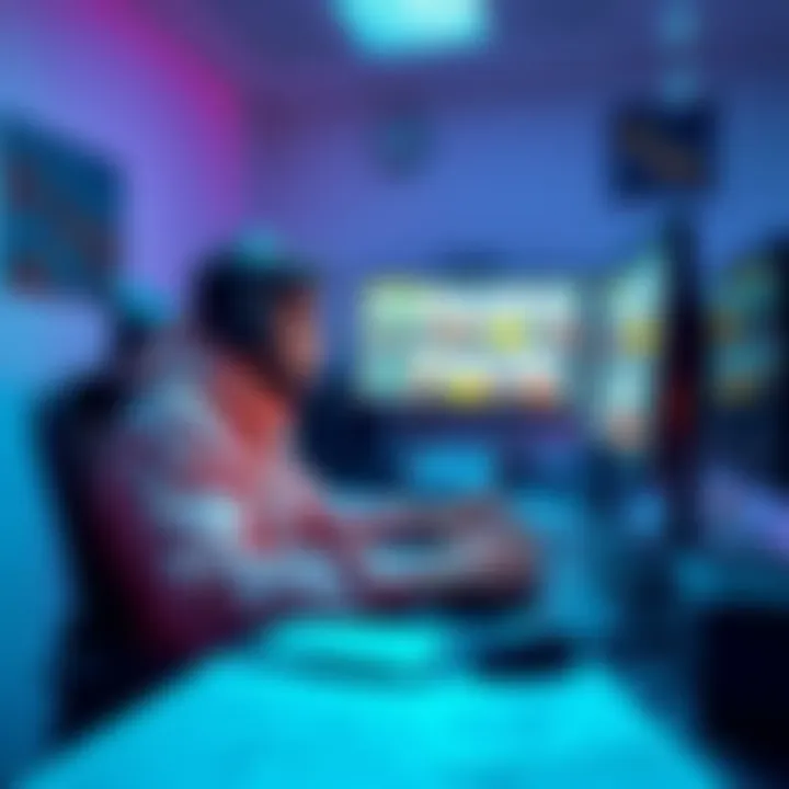 A software engineer sitting at a desk, focused on coding a multiplayer 3D game on their computer, with game design sketches around.