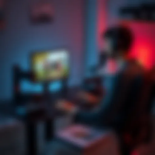 A solo game developer sitting at a desk with a computer, engaging in a Discord voice chat, with game art visible on the screen and a notepad filled with ideas.