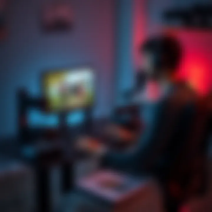 Solo game developer connecting on Discord A solo game developer sitting at a desk with a computer, engaging in a Discord voice chat, with game art visible on the screen and a notepad filled with ideas.