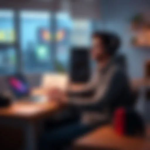 Ali, a solo game developer, speaking at a desk with a laptop open, showcasing his 3D game on the screen with a Nintendo Switch nearby.