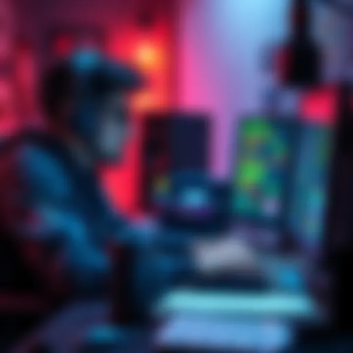 A solo game developer working at a desk, creating pixel art on a computer screen with colorful graphics visible