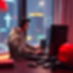 A solo game developer sits at a desk, focused on coding a superhero game in front of a computer, feeling the weight of the project after losing a teammate.