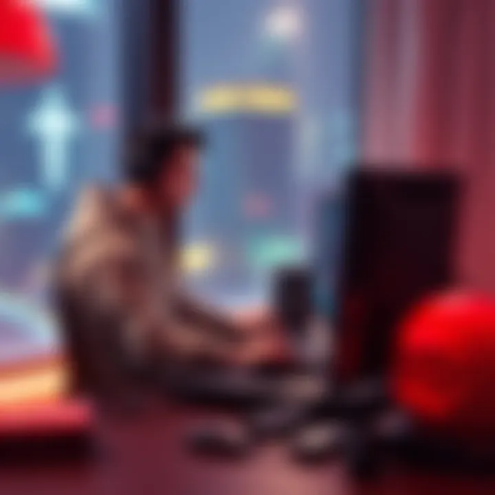 A solo game developer sits at a desk, focused on coding a superhero game in front of a computer, feeling the weight of the project after losing a teammate.