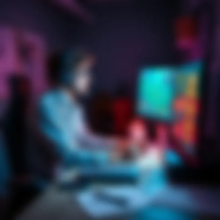 A solo game developer sitting at a desk, focused on coding and designing a game, with sketches and a computer displaying game graphics.