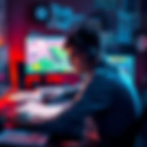 A solo game developer sits at a desk cluttered with sketches and notes, looking focused yet overwhelmed while working on a computer game project.