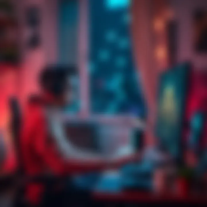 A solo game developer working on a computer, creating a video game in a cozy home office setting.