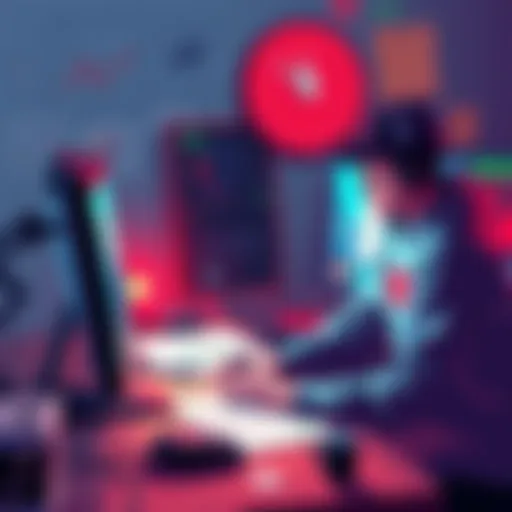 A solo game developer working on a computer, surrounded by sketches and game design elements, showing focus and creativity.