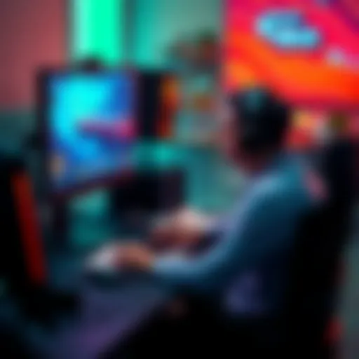 A solo game developer sits at a computer, focused on coding and designing a game. The screen shows game graphics and notes around the workspace.