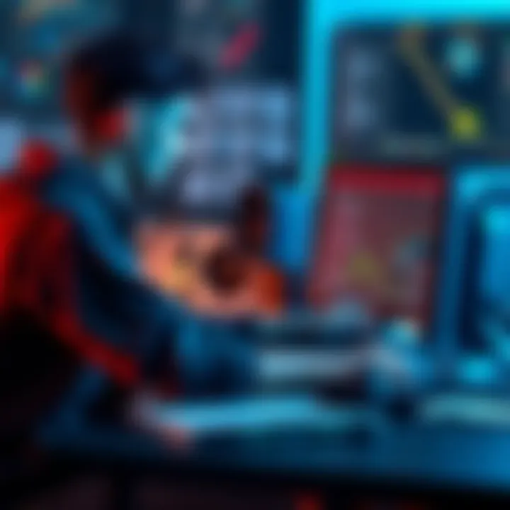 A solo game developer at a desk, focused on coding a new game on a computer, with concept art and notes around them.