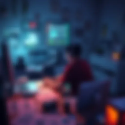 A lone game developer sitting at a desk with a laptop, reflecting on their transition from working in a team to going solo, surrounded by notes and sketches of their game design.