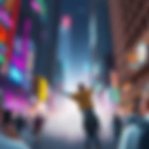A character representing the Son of God makes decisions that impact a city, surrounded by vibrant buildings and citizens.