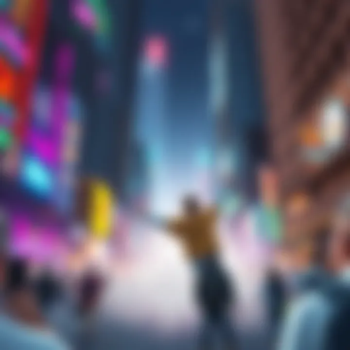 A character representing the Son of God makes decisions that impact a city, surrounded by vibrant buildings and citizens.