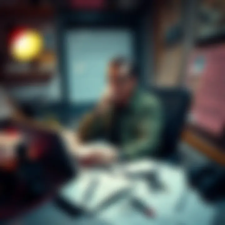 A lyricist sitting at a desk with a laptop and notepad, contemplating the use of AI tools for writing lyrics, surrounded by music notes and sketches.