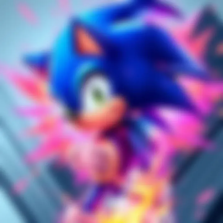 A vibrant depiction of a blue hedgehog character with anime-style features and colorful energy surrounding it, symbolizing the fusion of gaming and anime culture.