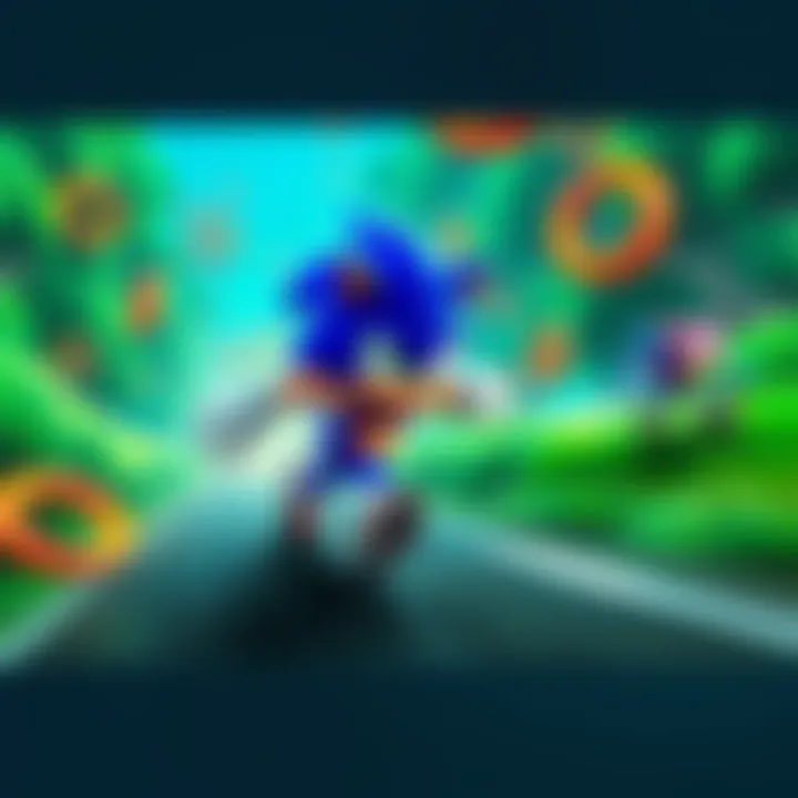 Sonic the Hedgehog in Action Sonic the Hedgehog running quickly through a vibrant green landscape with rings and enemies around