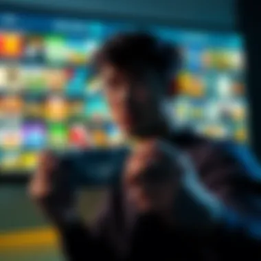 A person holding a gaming controller, looking confused while viewing a digital game library on a screen