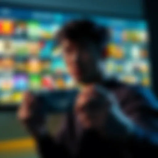 A person holding a gaming controller, looking confused while viewing a digital game library on a screen