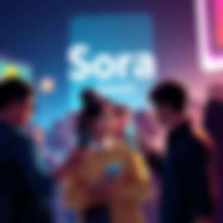 People discussing the expected launch of Sora on Android, with smartphones and chat bubbles visible