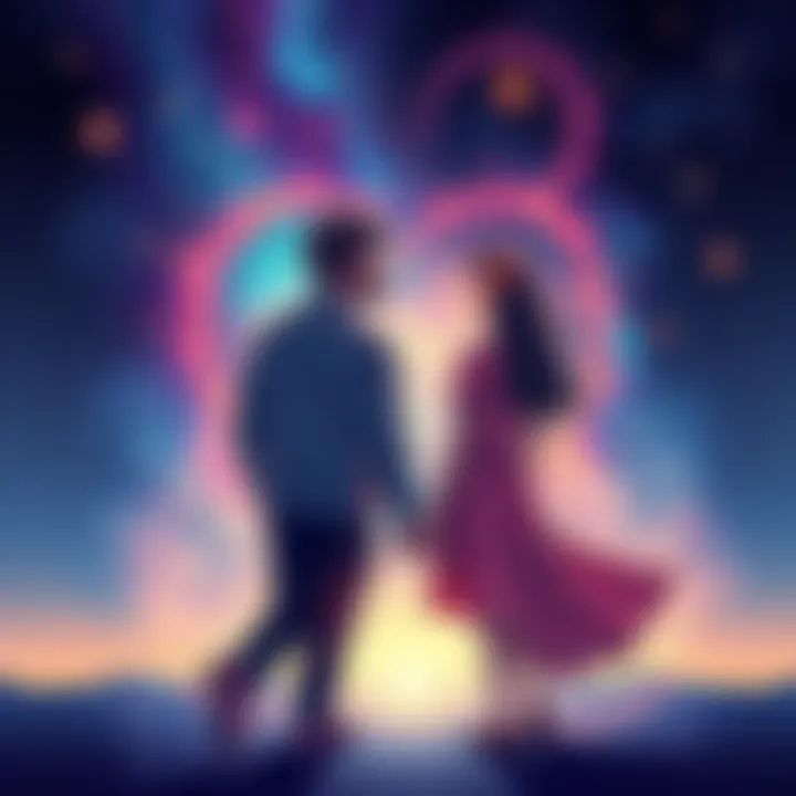 An artistic illustration showing two people connected by a heart, representing soulmate sketches, with a cosmic background reflecting the theme of Staroly.