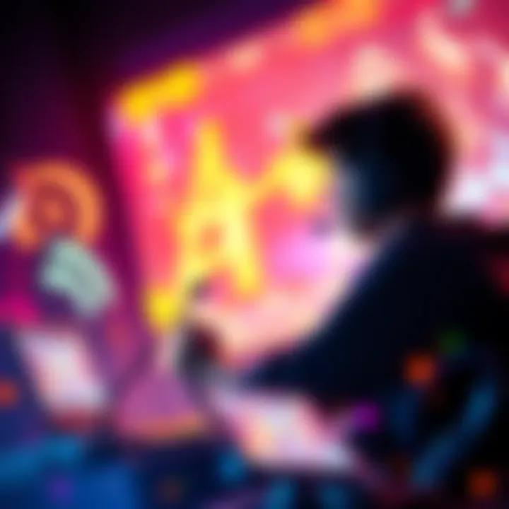 A gamer immersed in a vibrant video game with sound waves surrounding them, illustrating the impact of sound design.