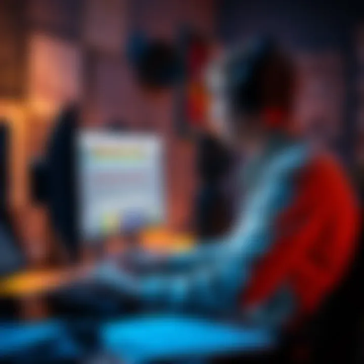 A person at a desk with headphones, creating sound ambience on a computer, surrounded by sound equipment and notes.