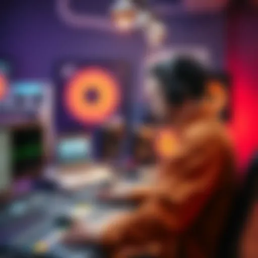 A person working on sound design with headphones, focused on audio equipment and software