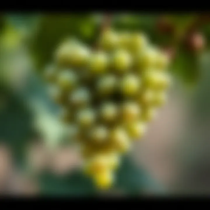 A close-up of a bunch of sour grapes hanging on a vine, showcasing their greenish hue and small size, highlighting their flavor profile.
