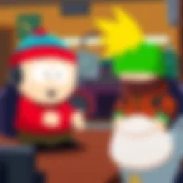 Cartman and Stan animated characters talk about ChatGPT's effects in a lively South Park scene