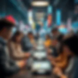 A diverse group of South Korean people using laptops and smartphones, engaging with AI technology in a modern urban setting.