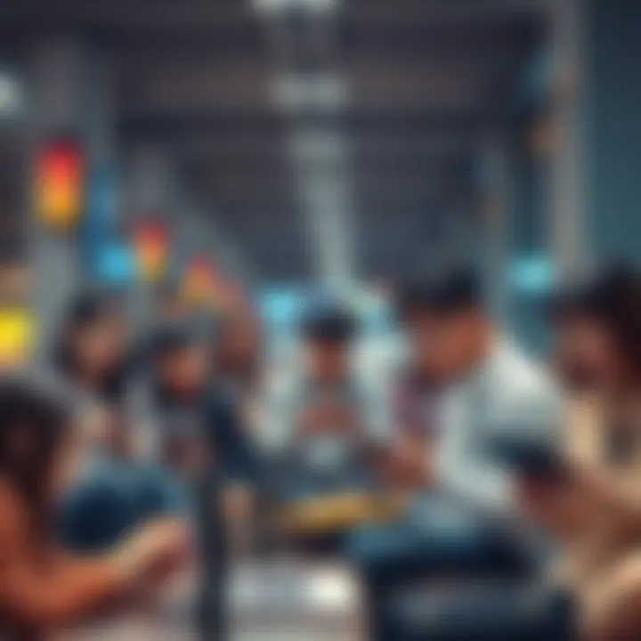 A group of diverse people using laptops and tablets, accessing AI tools in a public space in South Korea.