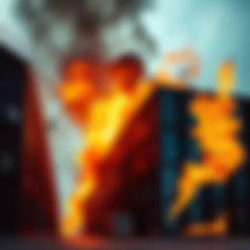 Flames engulfing a modern data center building, smoke rising into the sky, highlighting the threat to stored government data.