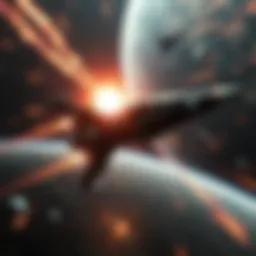 A scene of a fusion-powered spacecraft engaging in battle within a solar system, showcasing missile attacks and advanced targeting systems.