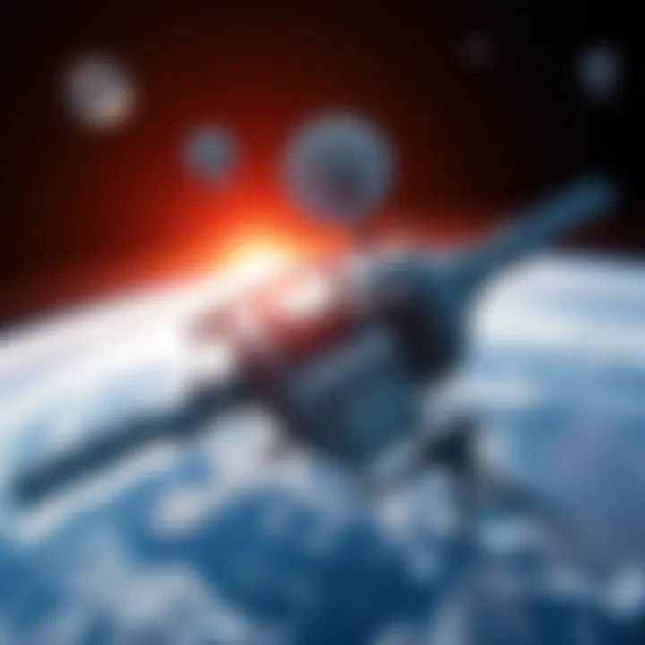A futuristic space data center with satellite dishes and high-tech equipment orbiting Earth.